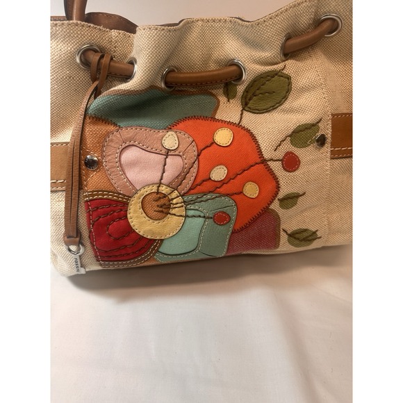 Fossil Colorful Satchel Boho Tote Purse Denim And Leather Unique ❤️ - Picture 2 of 7